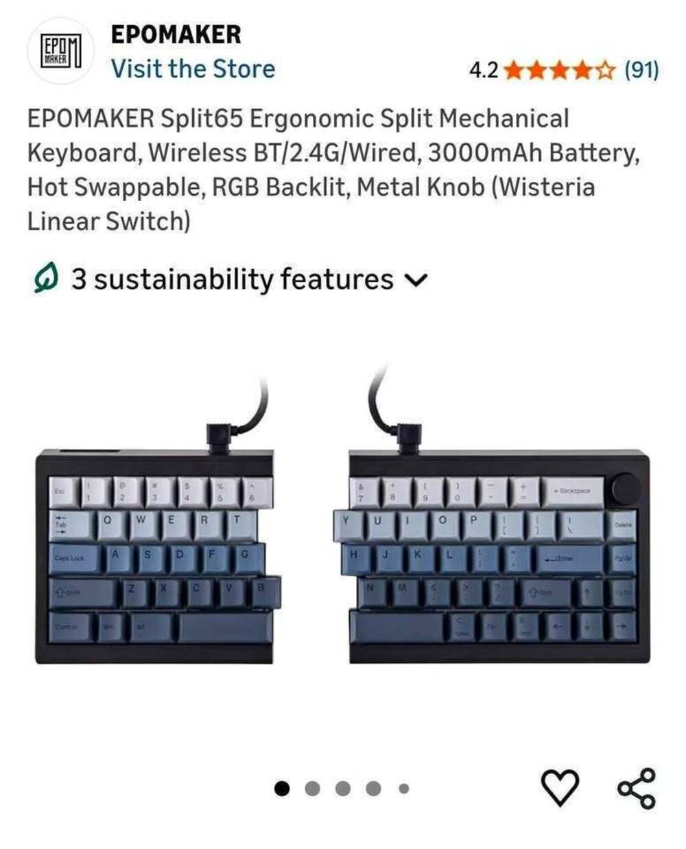 EPOMAKER Split65 Ergonomic Split Mechanical Keyboard, Wireless BT/2.4G/Wired, 30